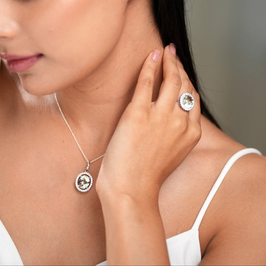 Oval statement Green Amethyst Ring And Pendant Set