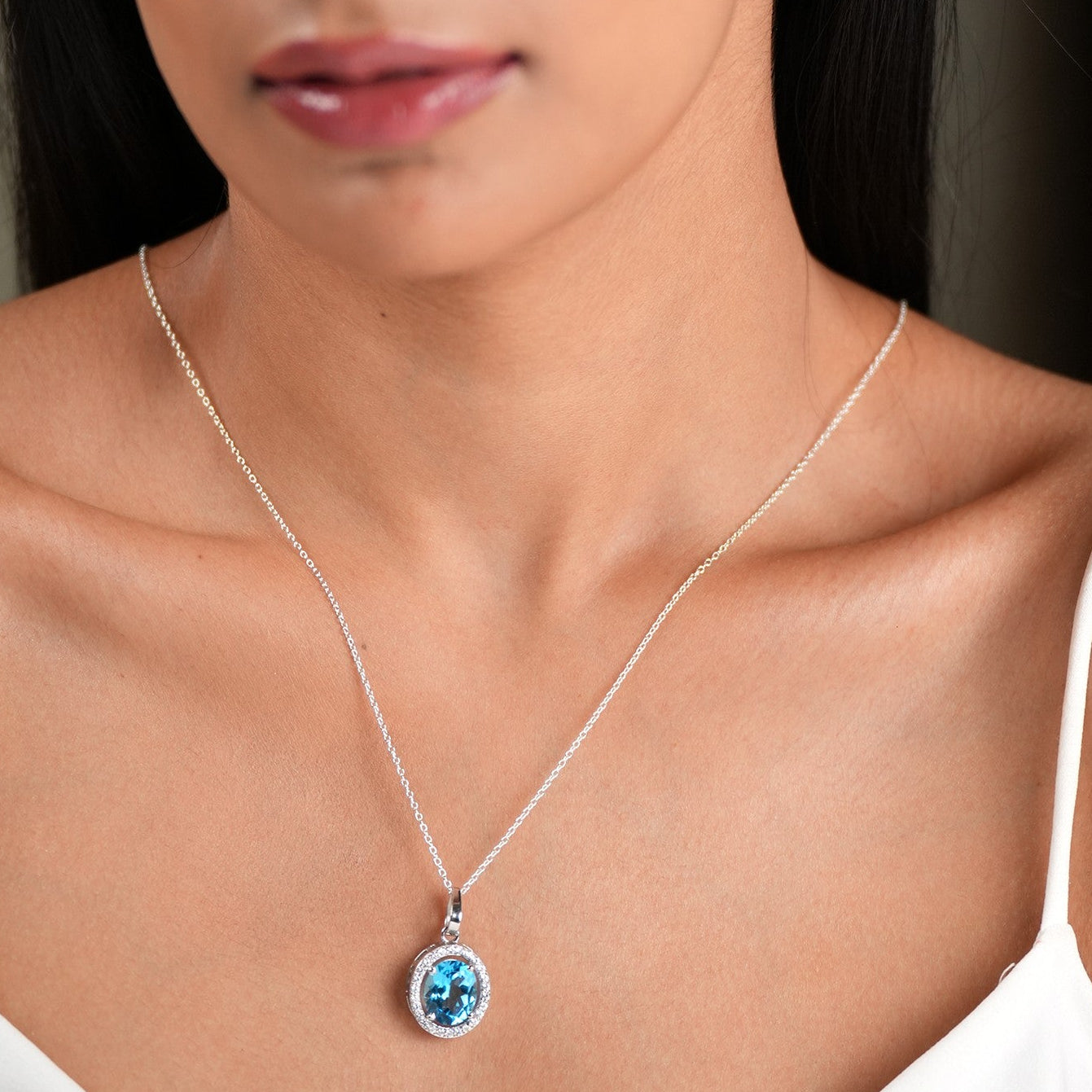 Oval Statement Swiss Blue Topaz Pendant With Chain
