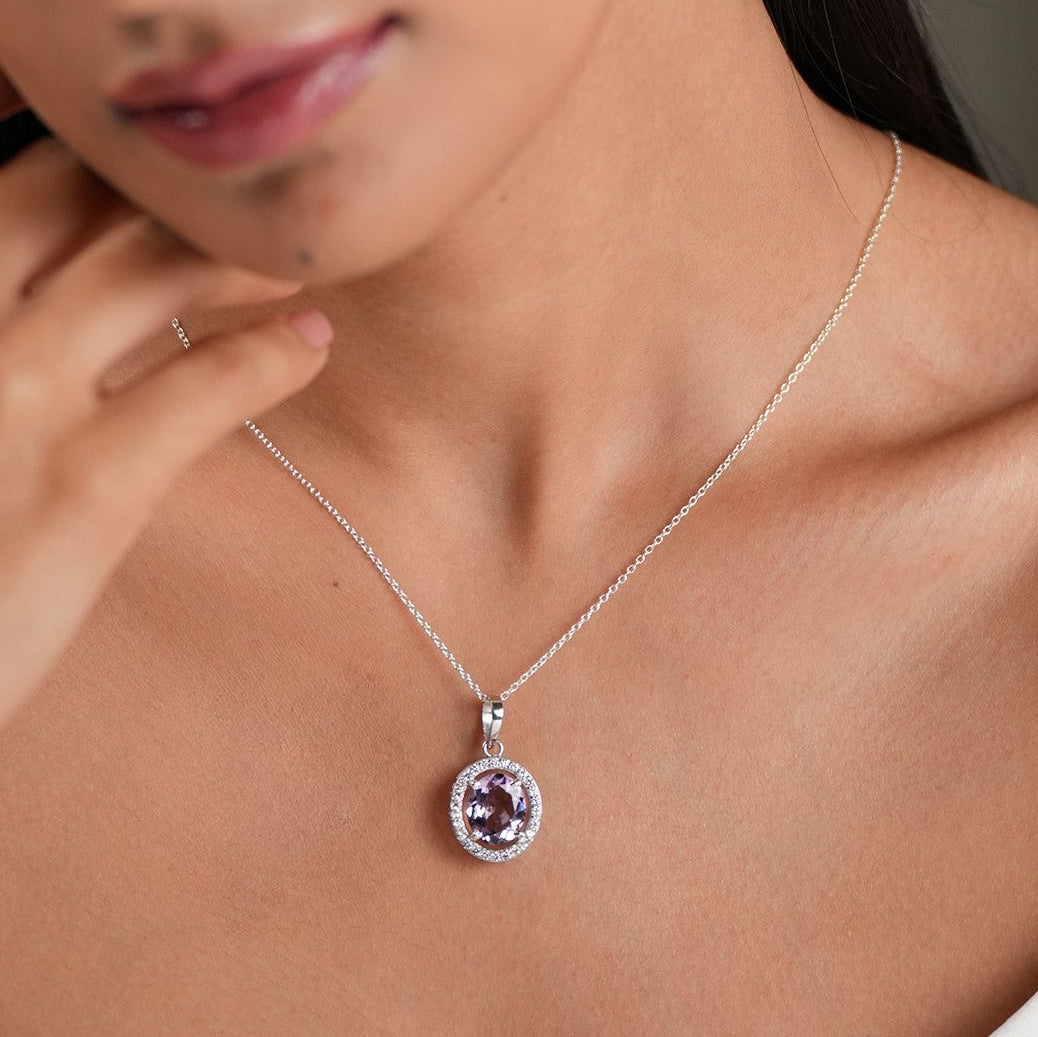 Oval Statement Amethyst Pendant With Chain
