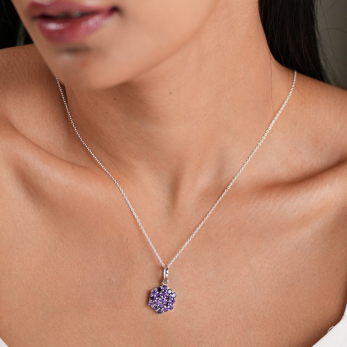 Hexa Bloom Amethyst Pendant With Chain