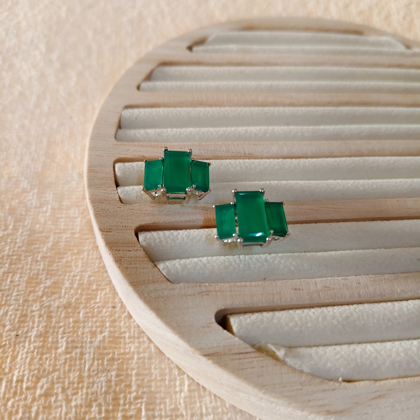 3 Baguette Green Onyx Gemstone studs