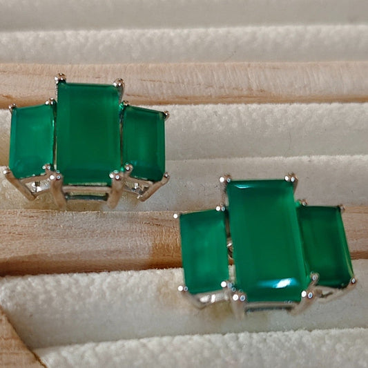 3 Baguette Green Onyx Gemstone studs