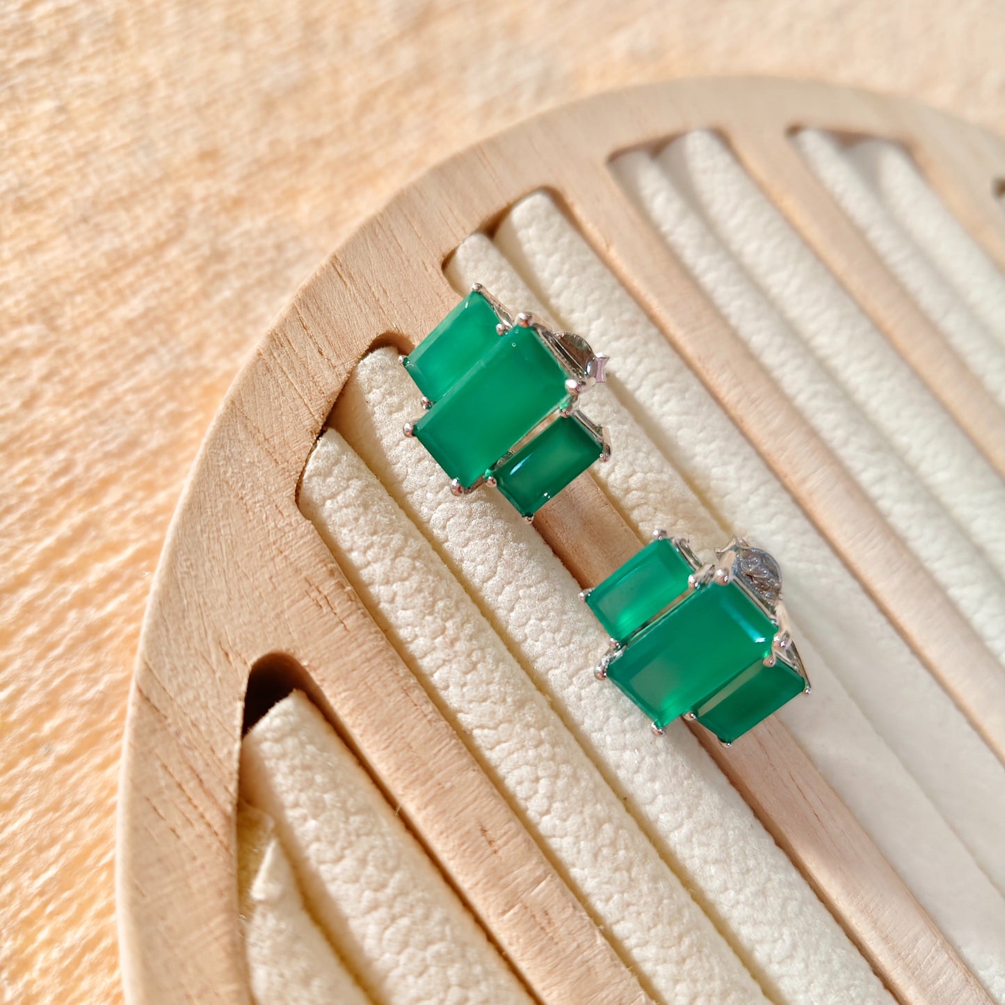 3 Baguette Green Onyx Gemstone studs