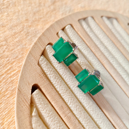 3 Baguette Green Onyx Gemstone studs