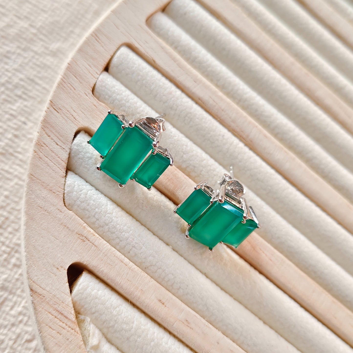 3 Baguette Green Onyx Gemstone studs