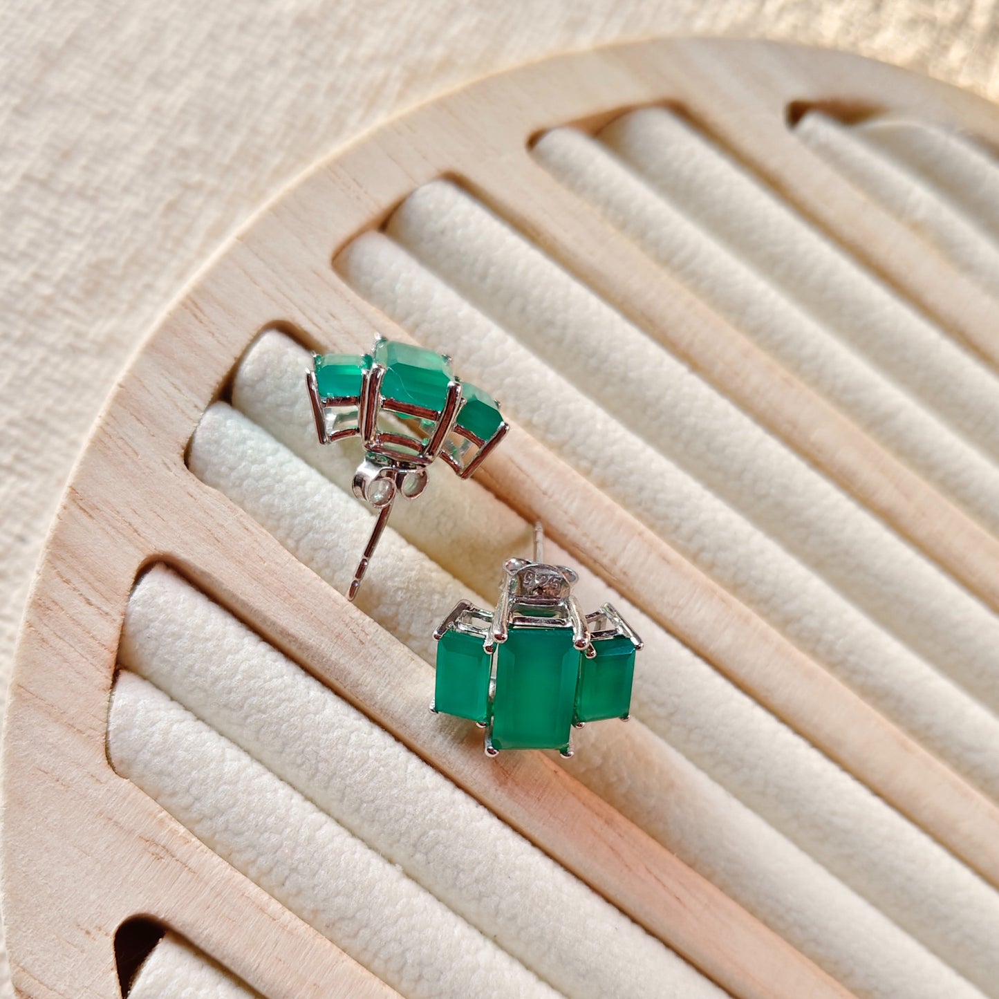 3 Baguette Green Onyx Gemstone studs
