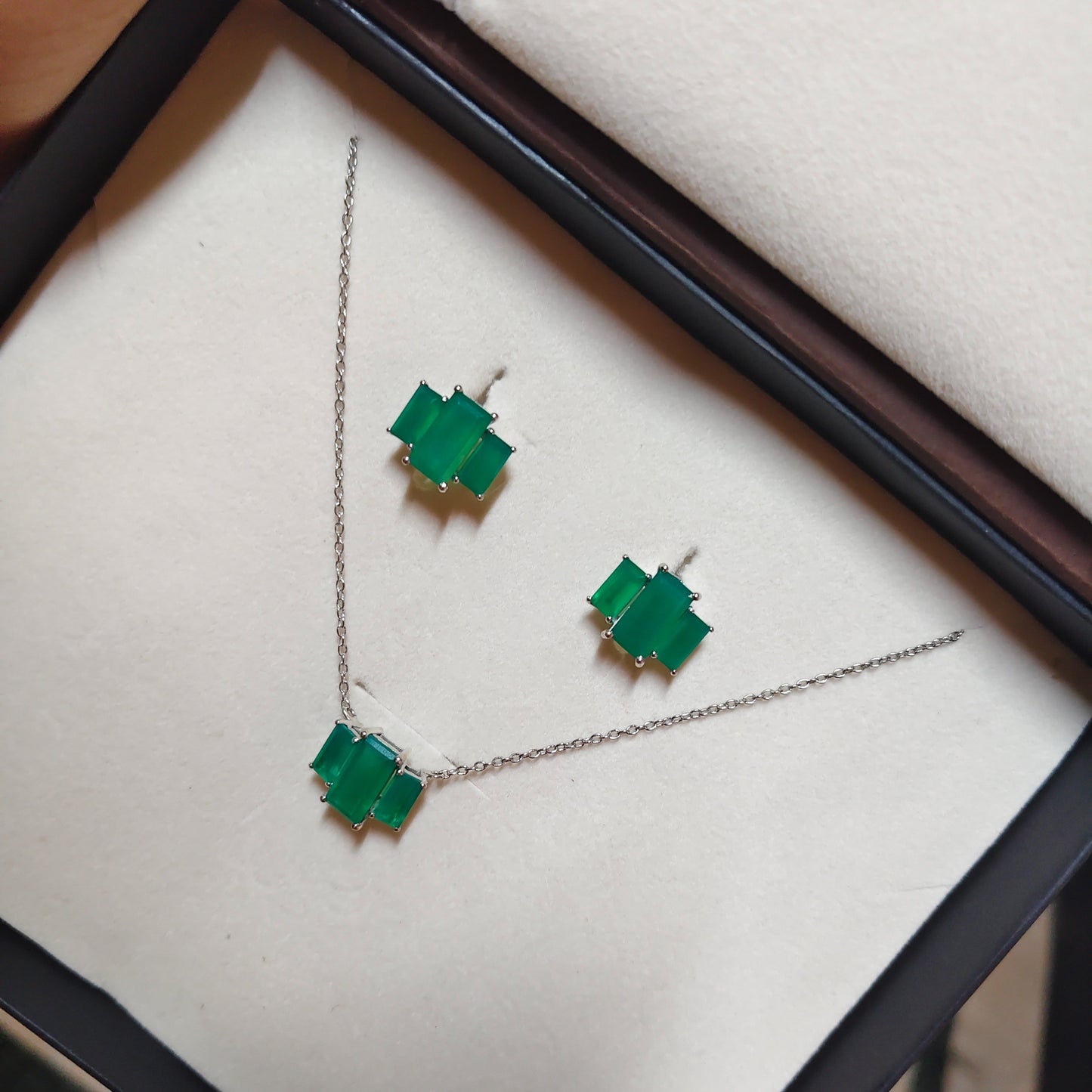 3 Baguette Natural Green Onyx Pendant and Earring Set