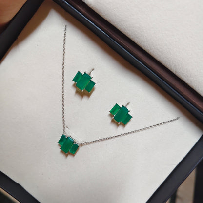 3 Baguette Natural Green Onyx Pendant and Earring Set