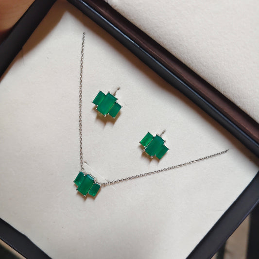 3 Baguette Natural Green Onyx Pendant and Earring Set