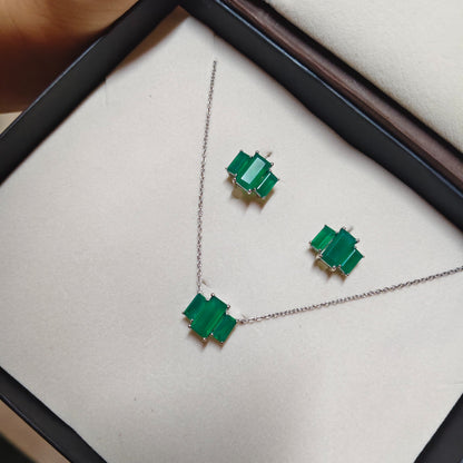 3 Baguette Natural Green Onyx Pendant and Earring Set