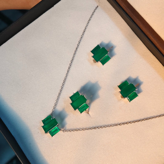 3 baguette Green Onyx 925 Sterling Silver Jewelry Set
