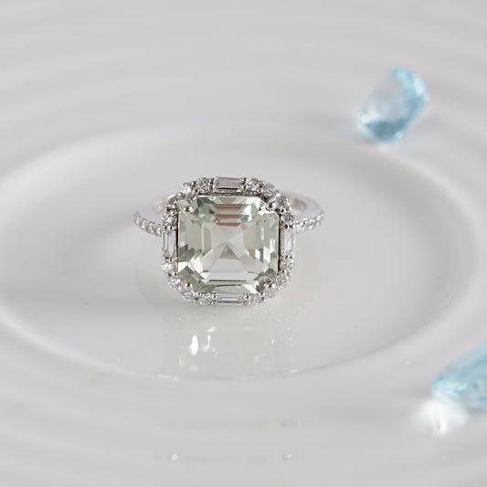 Green Amethyst Asscher Cut Sterling Silver Ring