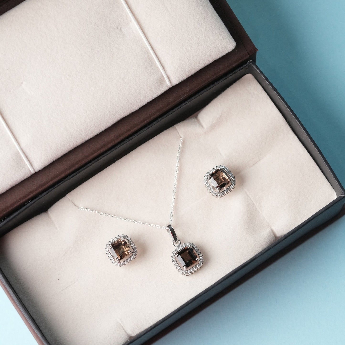 Asscher Cut 925 Silver Smoky Quartz Pendant And Earring Set
