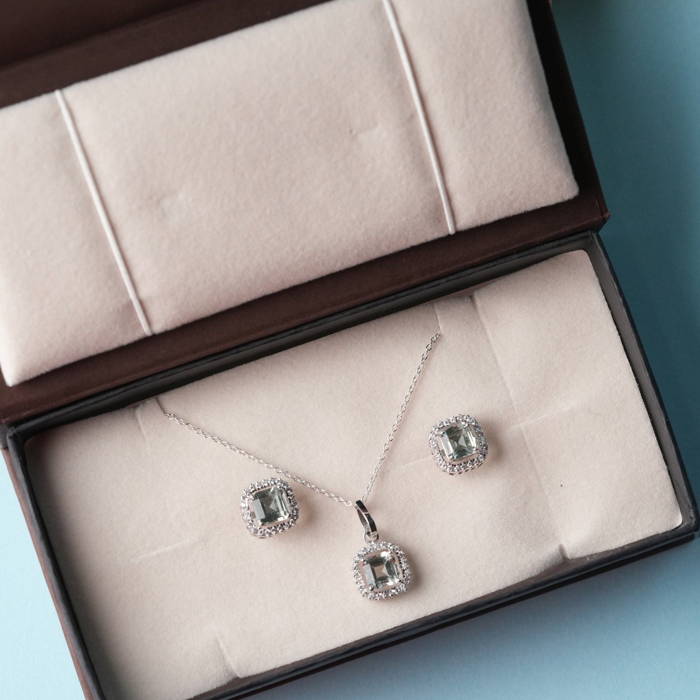 Asscher Cut Natural Green Amethyst Pendant And Earrings Set