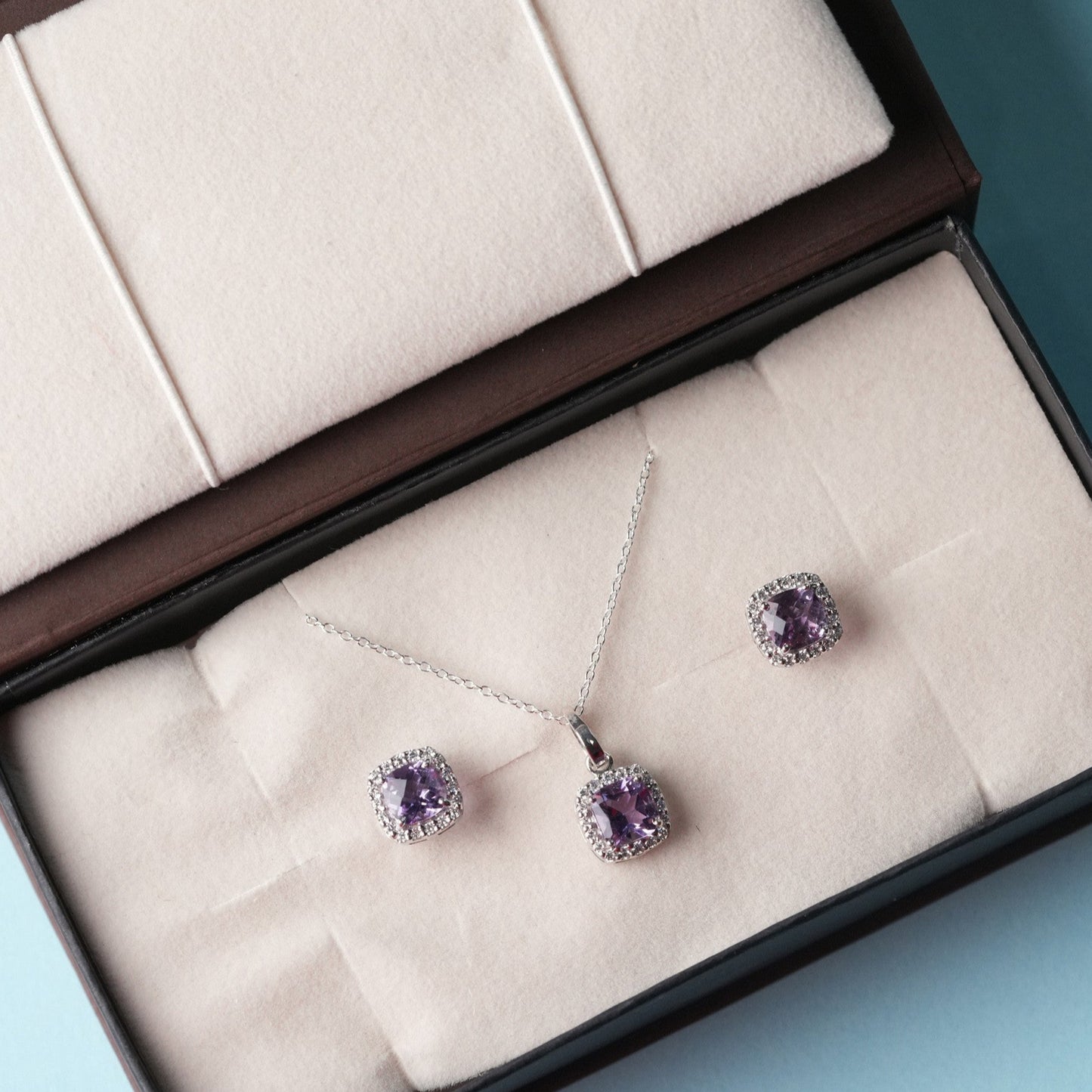 Cushion Mist Sterling Silver Amethyst Pendant and Earring Set