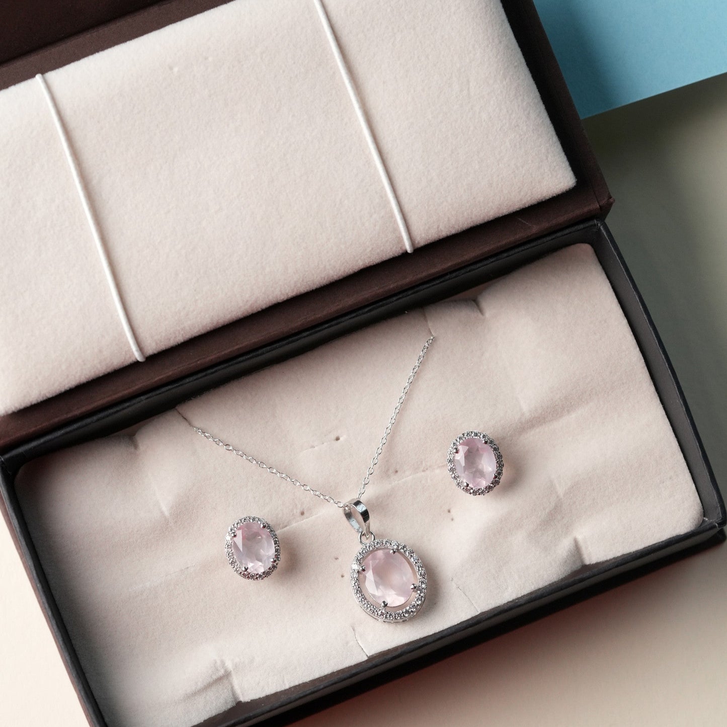 Oval Statement Natural Rose Quartz Pendant and Earring Set
