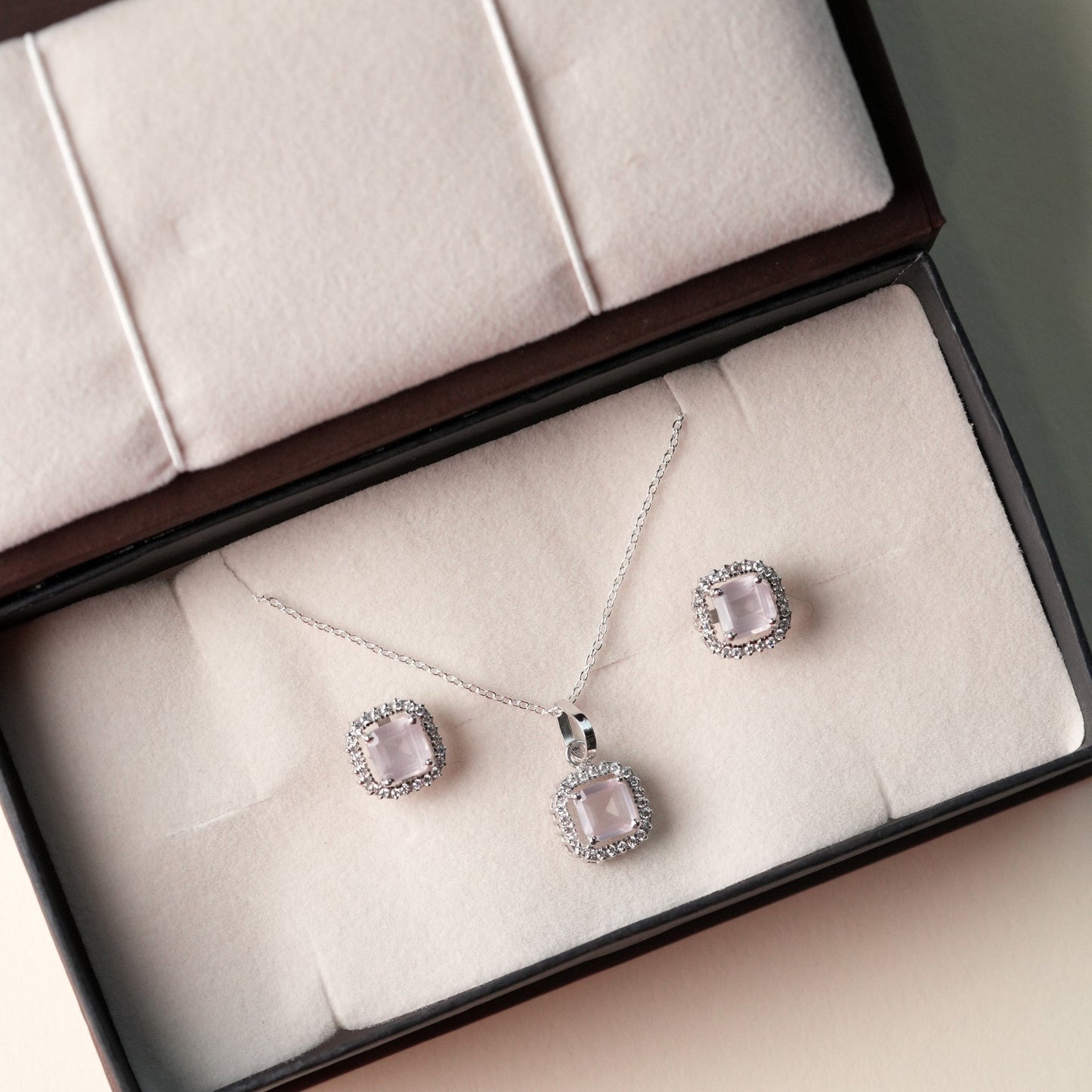 Asscher Cut 925 Silver Rose Quartz Pendant And Earring Set