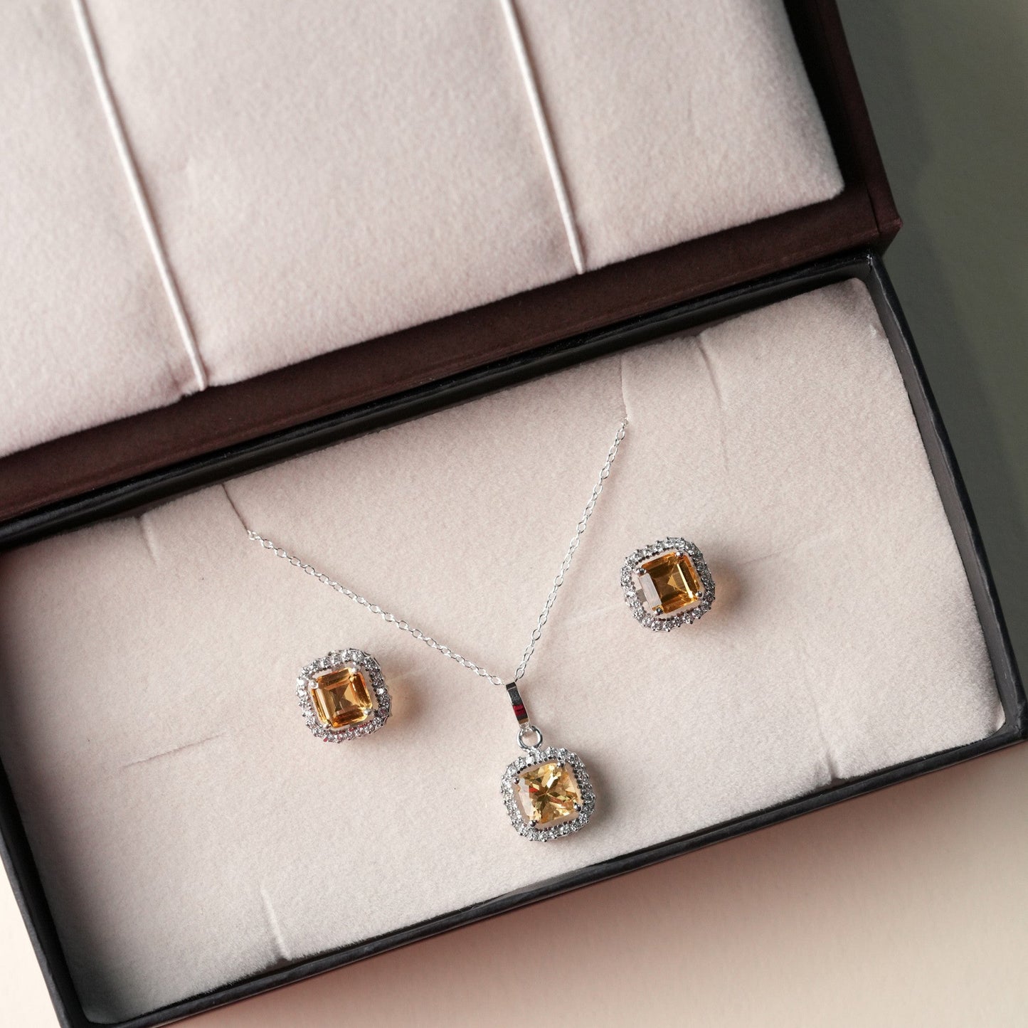 Asscher Cut Natural Citrine Pendant and Earring Set