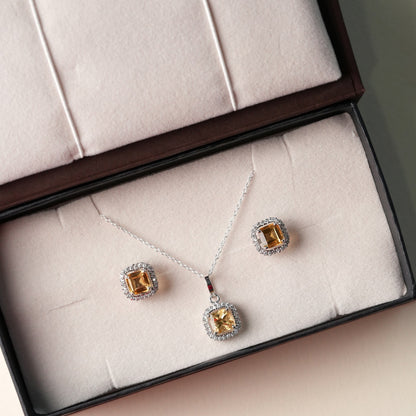 Asscher Cut Natural Citrine Pendant and Earring Set