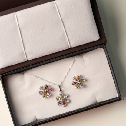 Sol 925 Silver Multi Tourmaline Pendant and Earring Set
