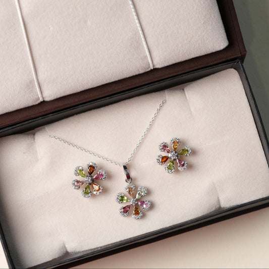 Sol 925 Silver Multi Tourmaline Pendant and Earring Set
