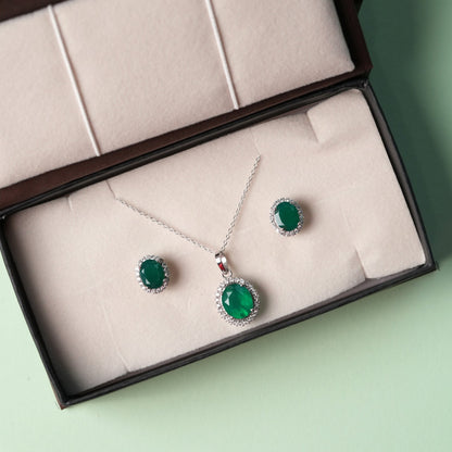 Oval Statement Natural Green Onyx Pendant and Studs Set