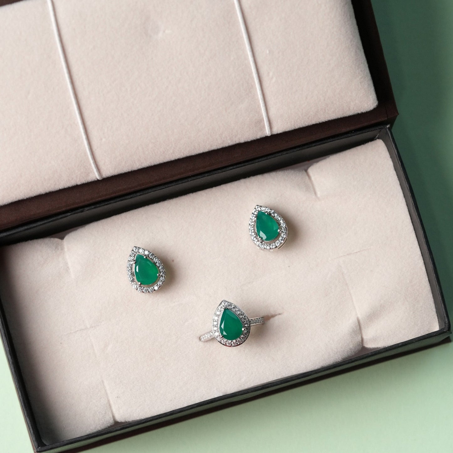 Pear of Joy Green Onyx Ring And Studs Set