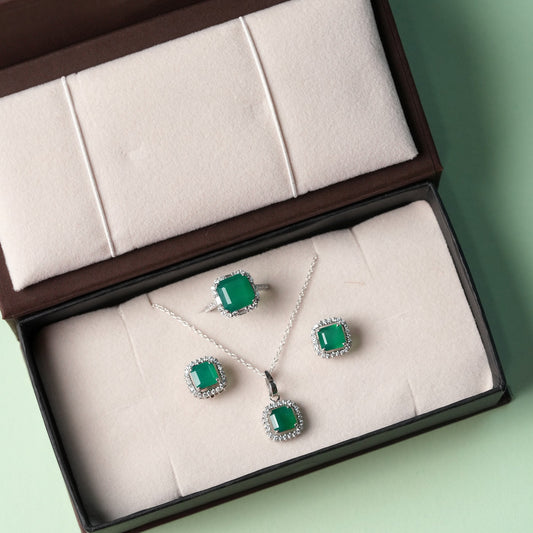 Green Onyx Asscher Cut Sterling Sliver Set