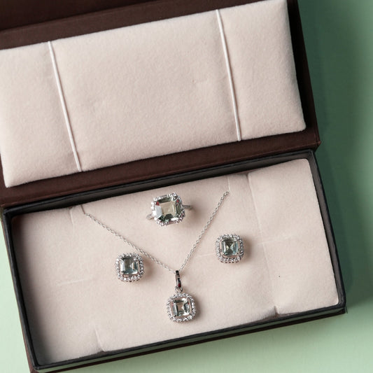 Green Amethyst Asscher Cut Sterling Silver Set
