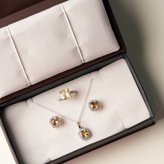 Cushion Mist Natural Citrine Sterling Silver Set