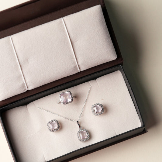 Rose Quartz Asscher Cut Sterling Silver jewellery Set