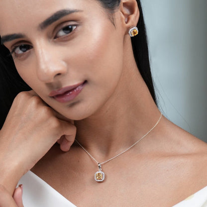 Asscher Cut Natural Citrine Pendant and Earring Set