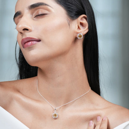 Asscher Cut Natural Citrine Pendant and Earring Set