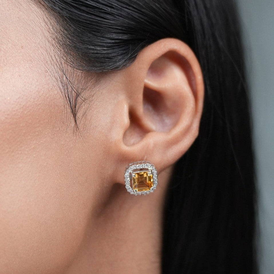 Asscher Cut Natural Citrine Pendant and Earring Set