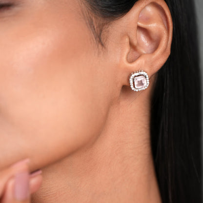 Asscher Cut 925 Silver Rose Quartz Pendant And Earring Set