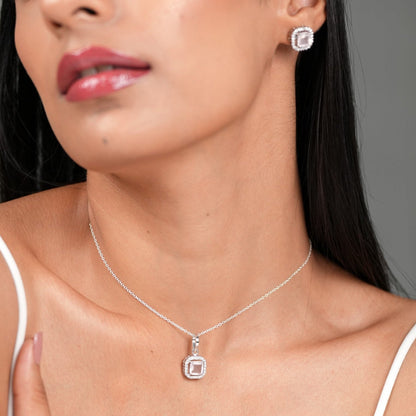 Asscher Cut 925 Silver Rose Quartz Pendant And Earring Set