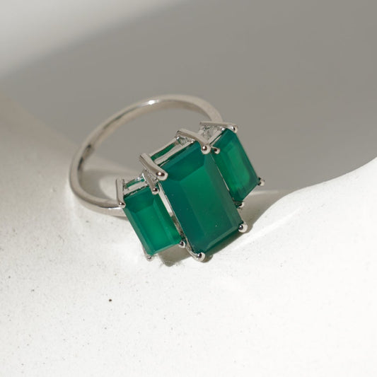 3 Baguette Green Onyx Gemstone Ring Party/Cocktail