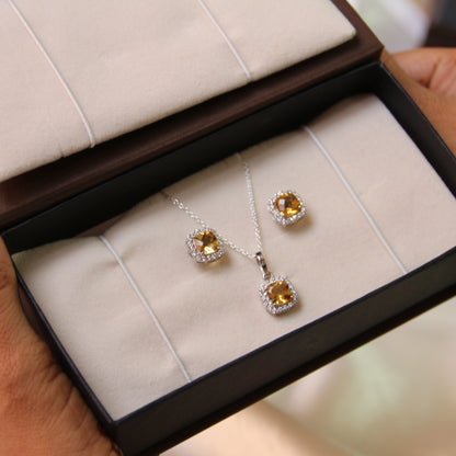 Cushion Mist Natural Citrine Pendant and Earring Set