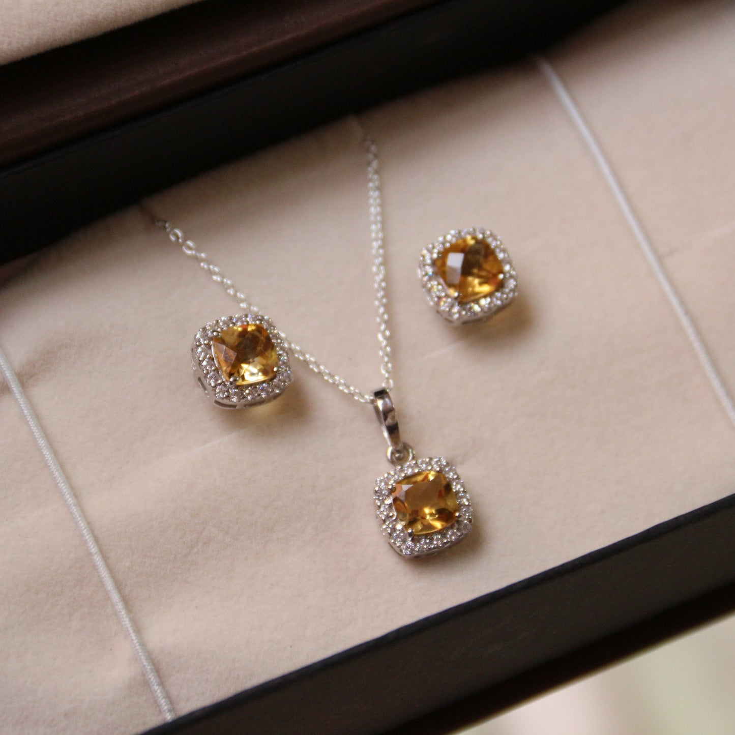 Cushion Mist Natural Citrine Pendant and Earring Set