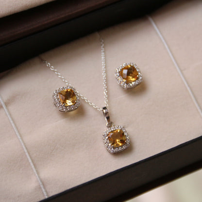 Cushion Mist Natural Citrine Pendant and Earring Set