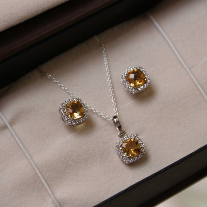 Cushion Mist Natural Citrine Pendant and Earring Set
