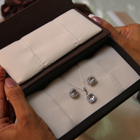 Cushion Mist Natural Green Amethyst Pendant and Earring Set