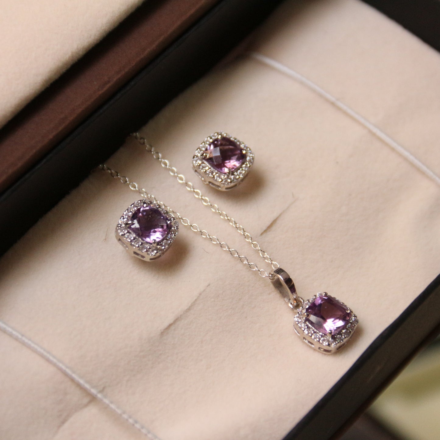 Cushion Mist Sterling Silver Amethyst Pendant and Earring Set