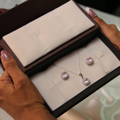 Cushion Mist 925 Silver Rose Quartz Pendant and Earring Set