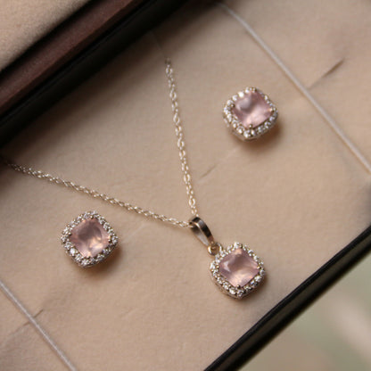 Cushion Mist 925 Silver Rose Quartz Pendant and Earring Set