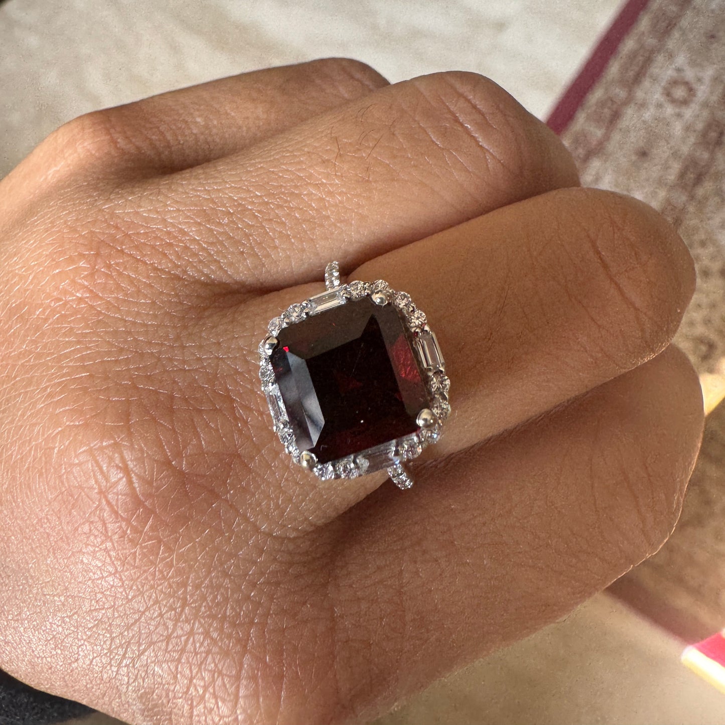 Garnet Asscher Cut Sterling Silver Ring