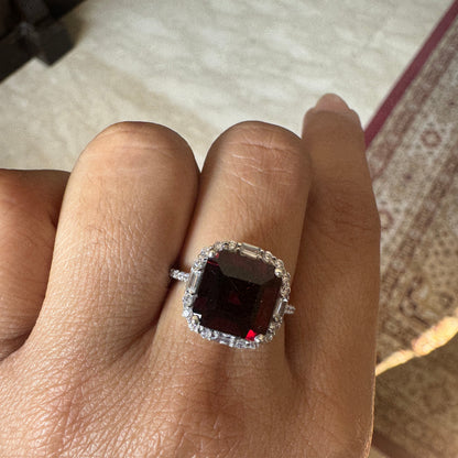 Garnet Asscher Cut Sterling Silver Ring