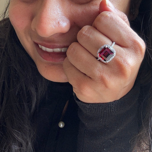 Garnet Asscher Cut Sterling Silver Ring