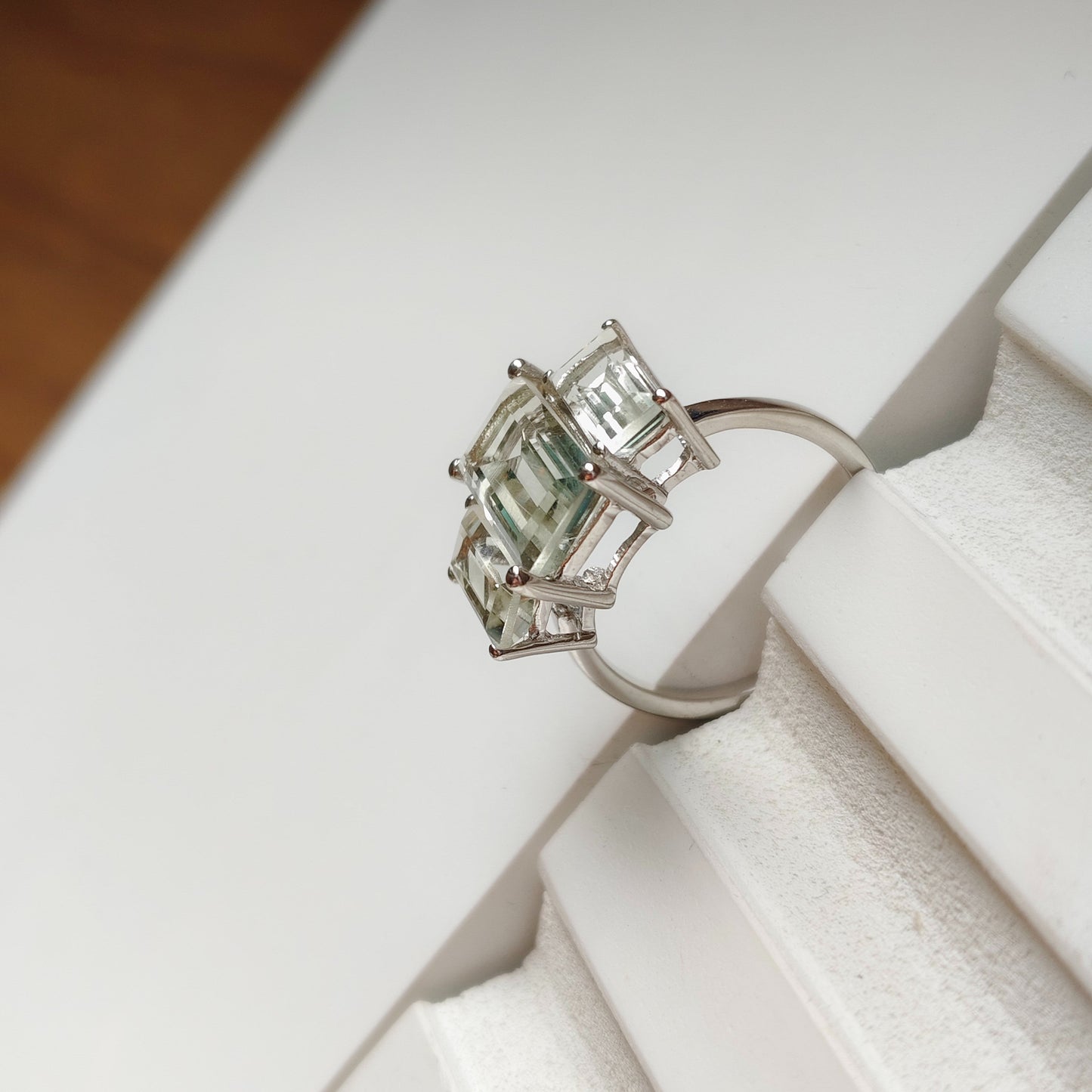 3 Baguette Green Amethyst Gemstone Ring