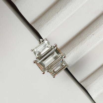 Silver ring with a clear gemstone on a white background